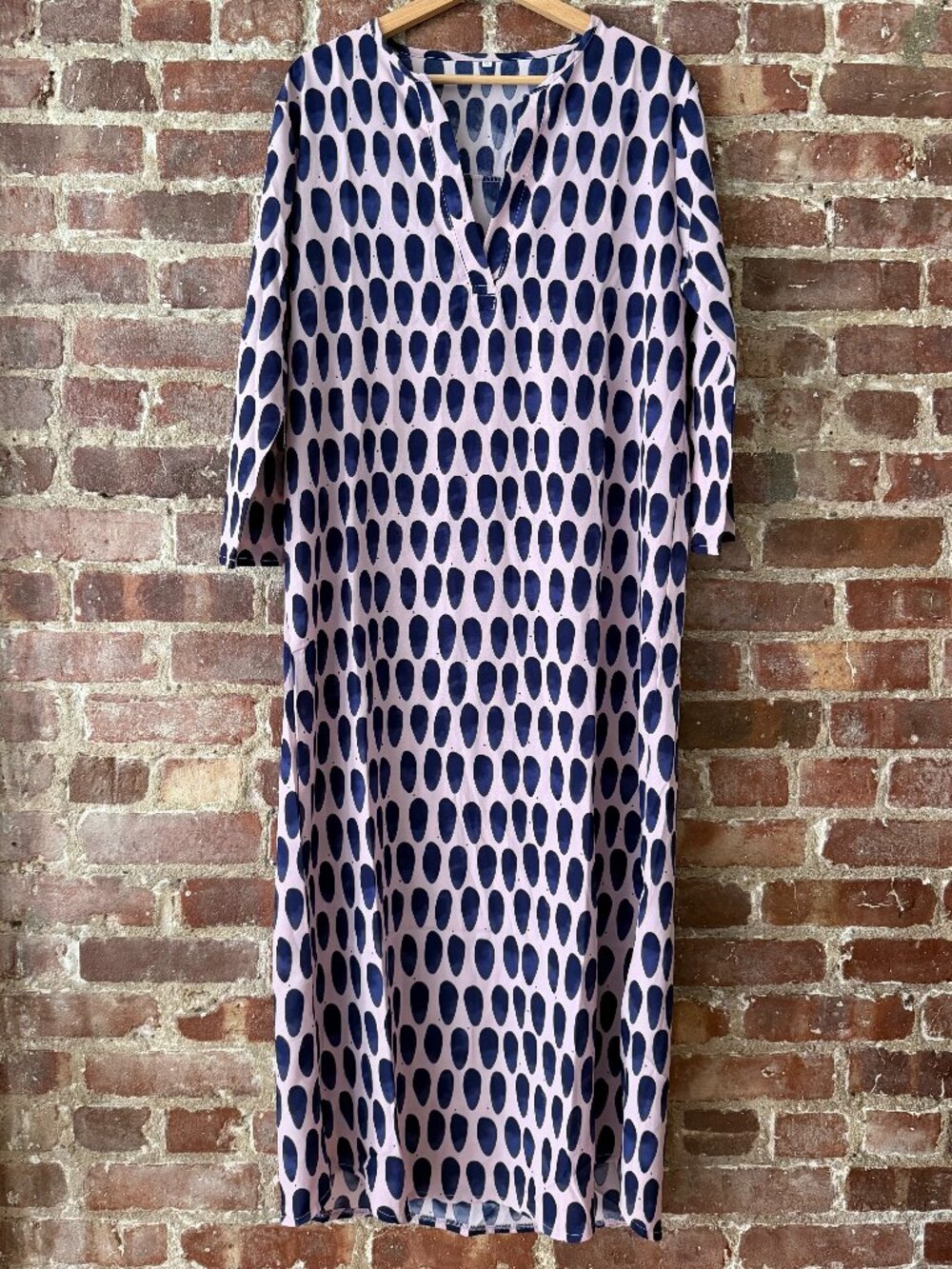 Navy Blue Blush Pink Print Kaftan Maxi Dress Tunic Resort Vacation Boho